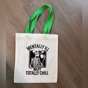 Chic White and Green Tote with Skeleton Design